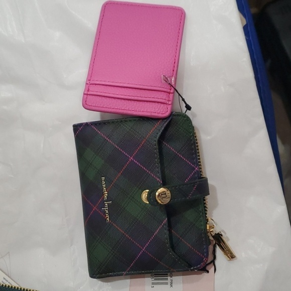 Nanette Lepore 3pc navy tartan lipstick pink green blue‎ plaid wallet set - Picture 7 of 11